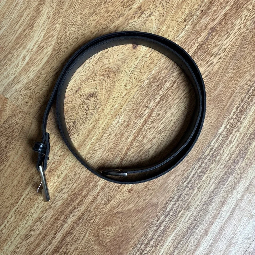 Vintage Lizard Embossed Belt Black 36 Western Silver Buckle Slim Metal Tip